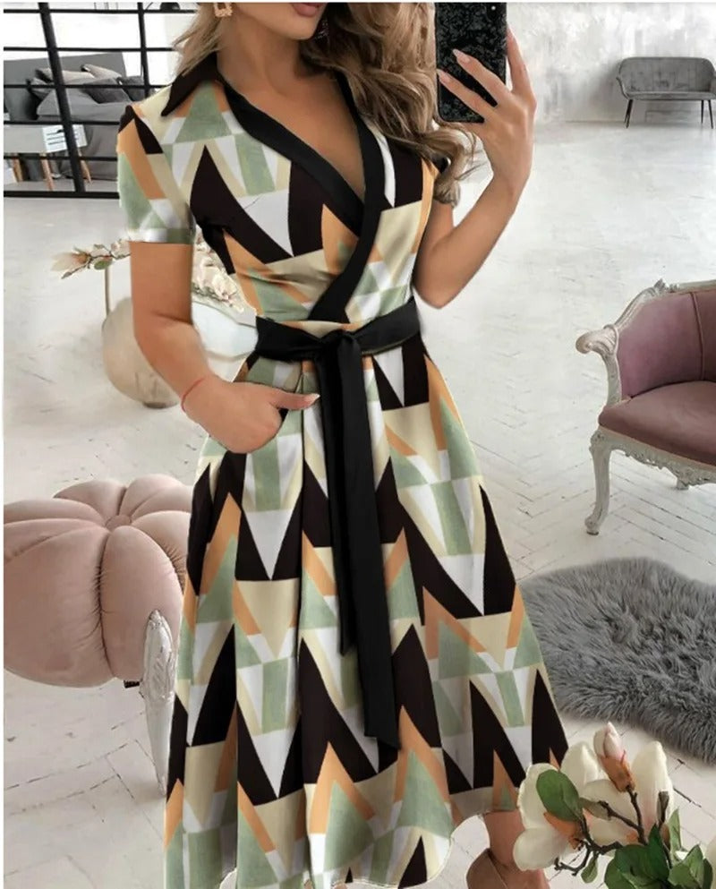 Vestido midi mujer Estampado geométrico Escote en V - Mavetta