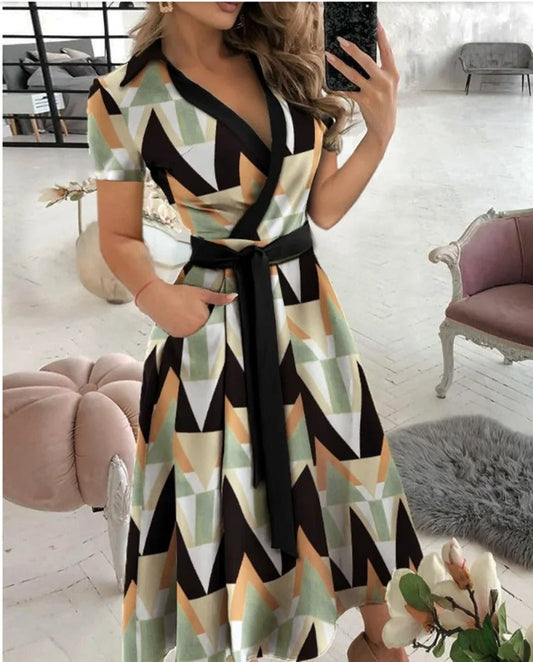 Vestido midi mujer Estampado geométrico Escote en V - Mavetta