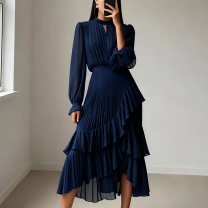Vestido mujer elegante escote ojo de cerradura y volantes