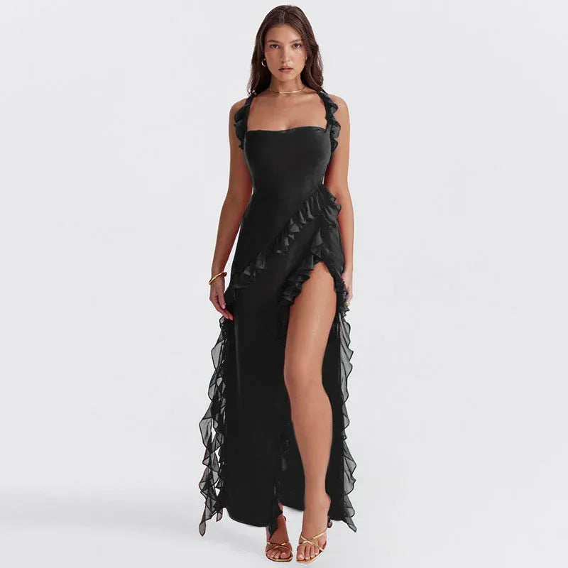 Vestido Largo Mujer con Volantes y Abertura