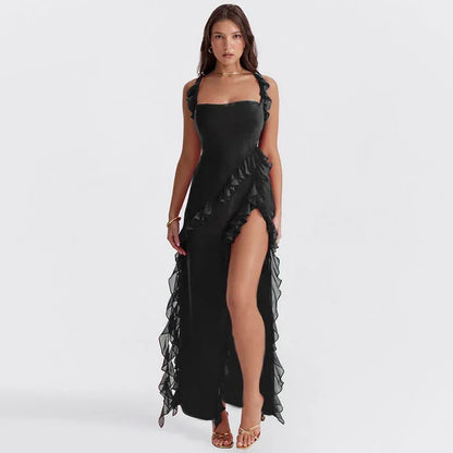 Vestido Largo Mujer con Volantes y Abertura
