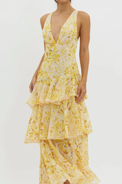 Vestido largo mujer de tela ligera con volantes