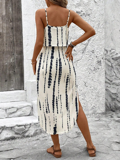 Vestido midi mujer de tela estampada tirantes finos