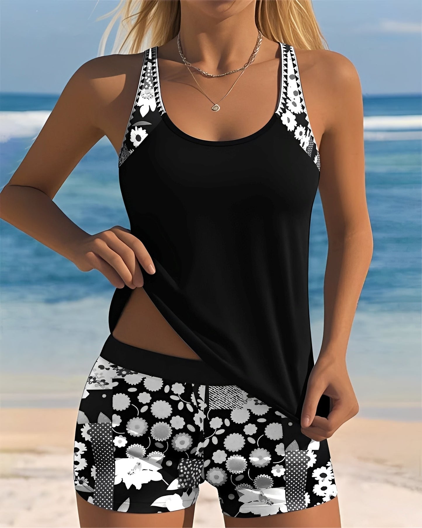 Bañador Tankini Mujer de Dos Piezas con Pantalones Cintura Alta
