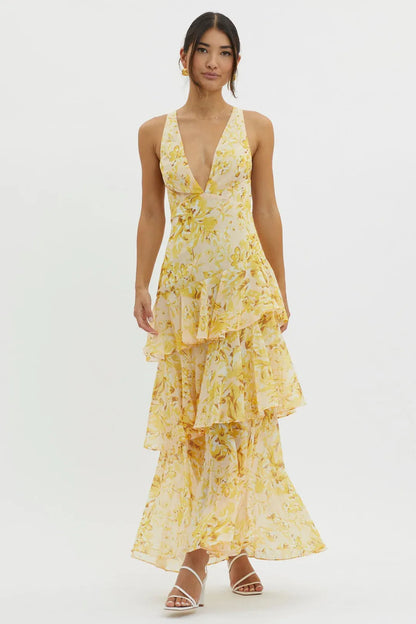 Vestido largo mujer de tela ligera con volantes