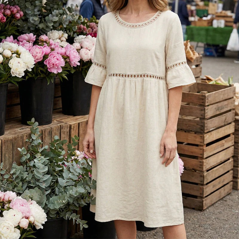 Vestido midi mujer de lino y algodón cuello redondo mangas volantes