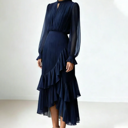 Vestido mujer elegante escote ojo de cerradura y volantes