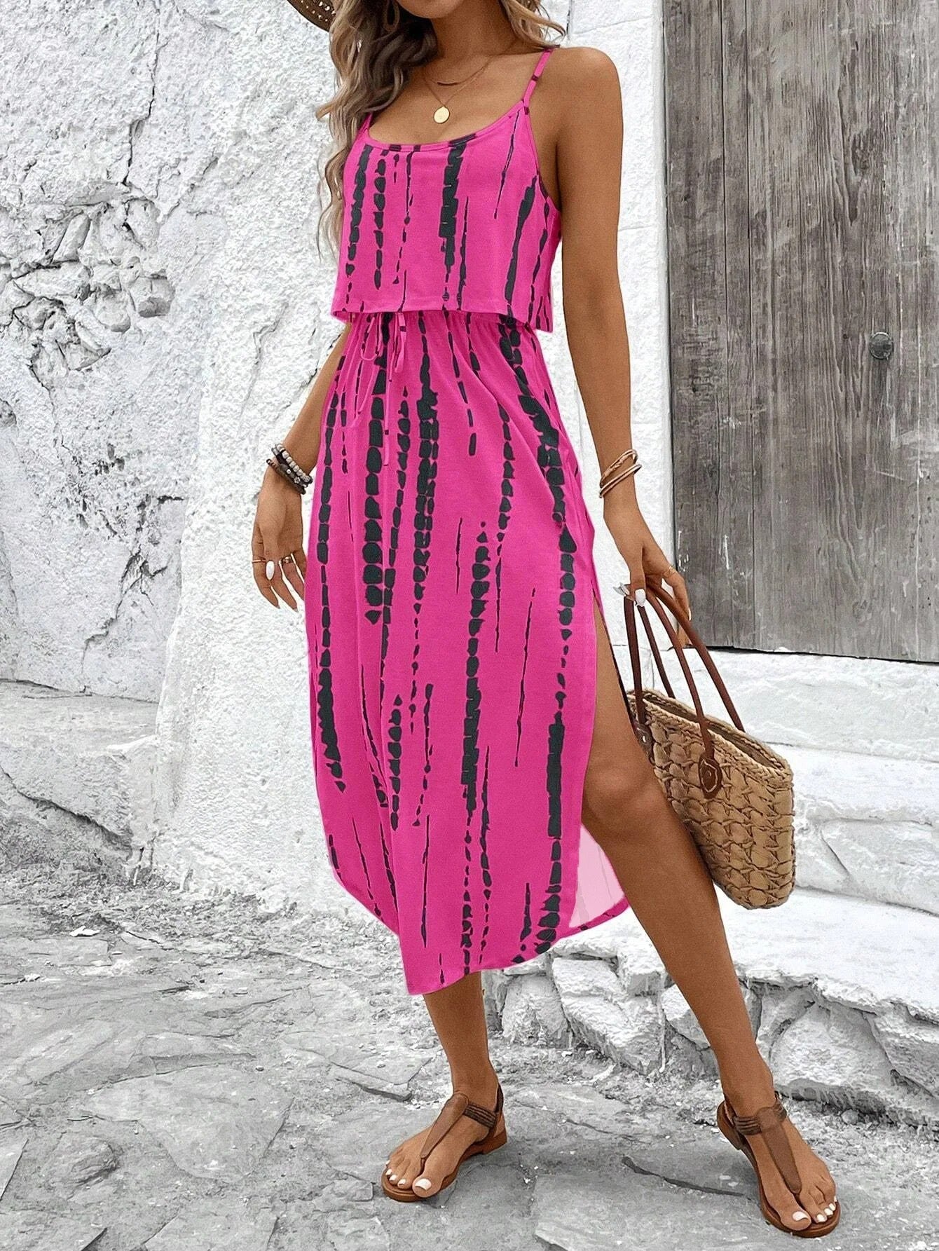 Vestido midi mujer de tela estampada tirantes finos