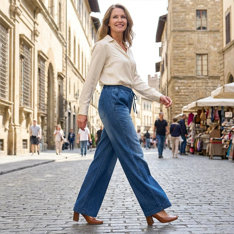 Pantalones Vaqueros Mujer Cintura con Cordón Pierna Ancha