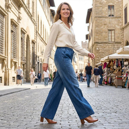 Pantalones Vaqueros Mujer Cintura con Cordón Pierna Ancha