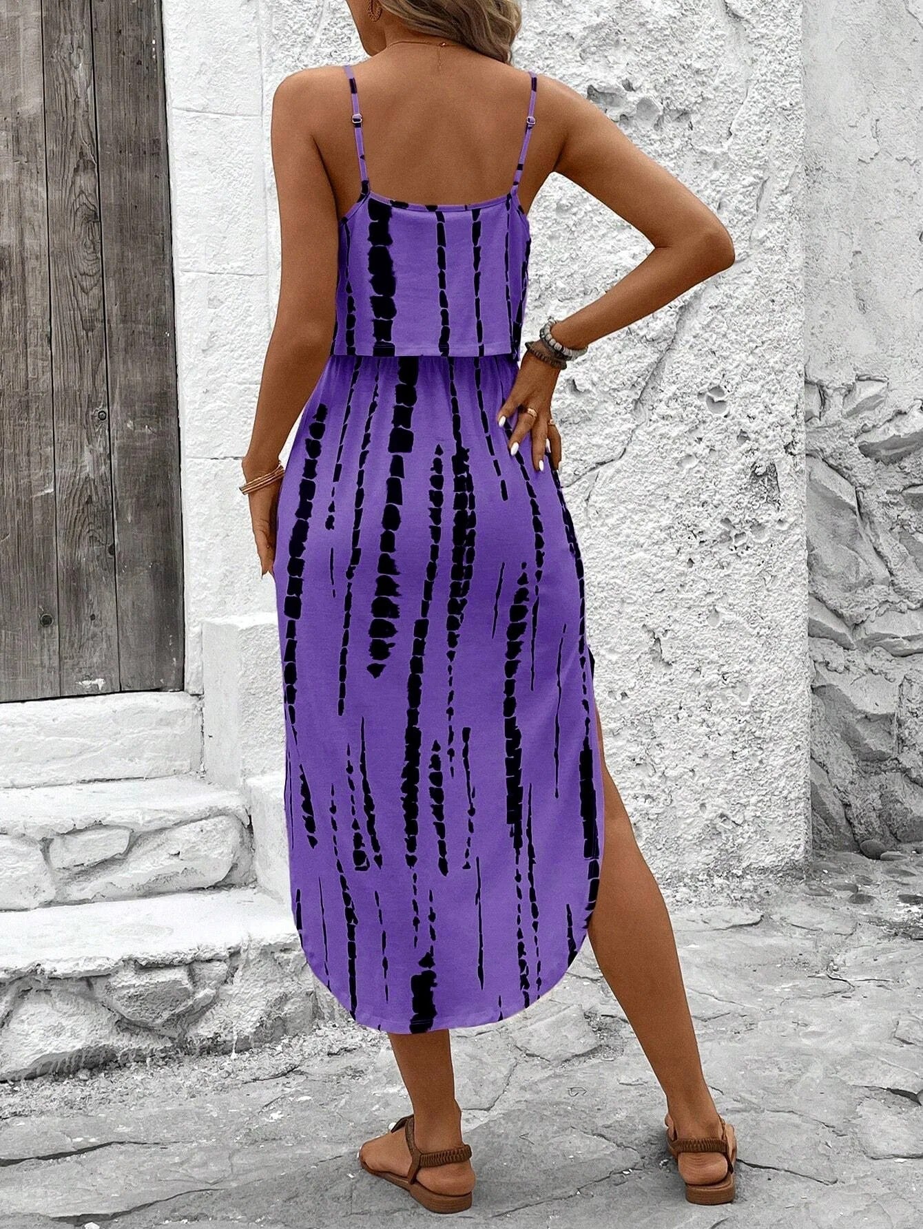 Vestido midi mujer de tela estampada tirantes finos