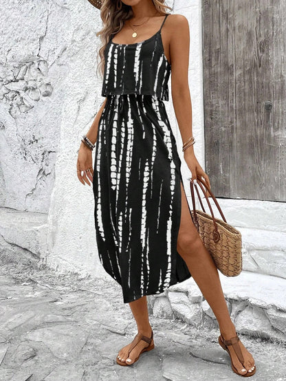 Vestido midi mujer de tela estampada tirantes finos