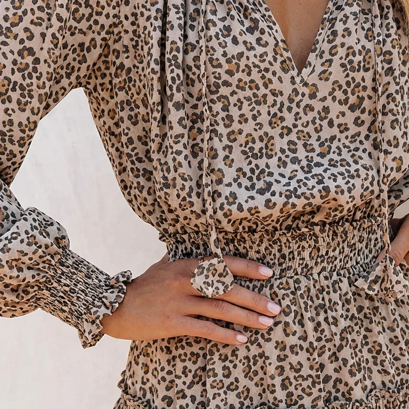 Vestido mini mujer con escote en V manga larga y volantes