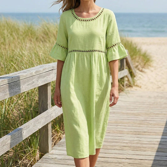 Vestido midi mujer de lino y algodón cuello redondo mangas volantes - Mavetta