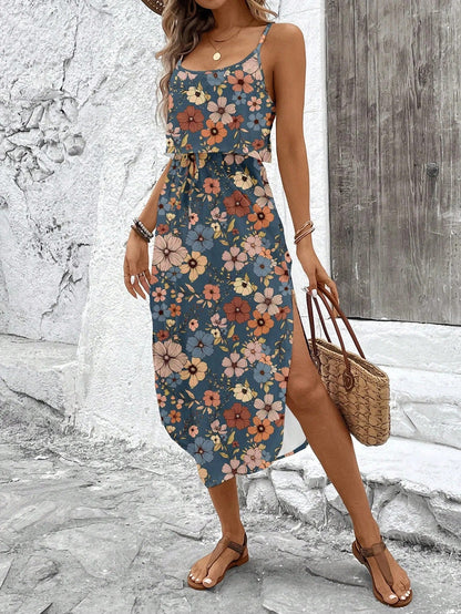 Vestido midi mujer de tela estampada tirantes finos