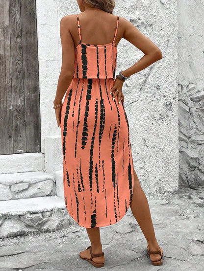 Vestido midi mujer de tela estampada tirantes finos