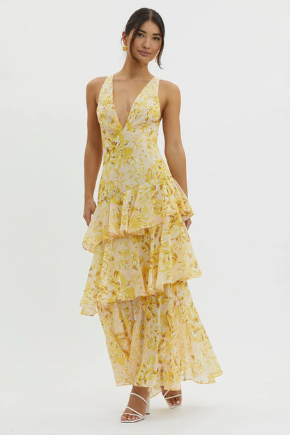 Vestido largo mujer de tela floral con volantes