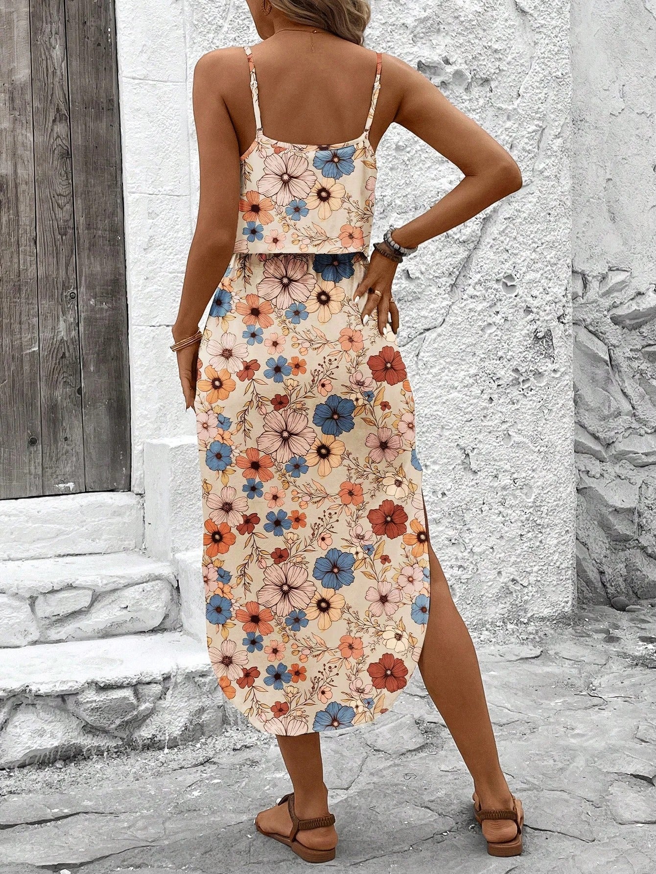 Vestido midi mujer de tela estampada tirantes finos