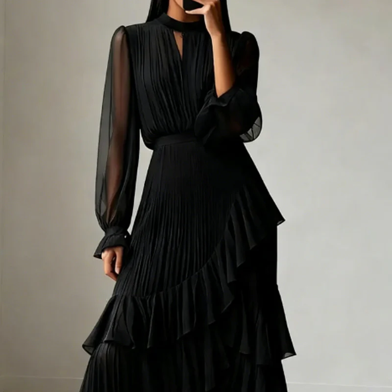 Vestido mujer elegante escote ojo de cerradura y volantes