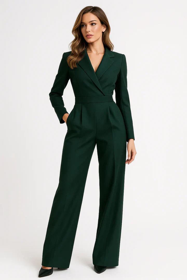 Mono Mujer Estilo Blazer Cuello en V Pantalón Pernera Ancha Fluido