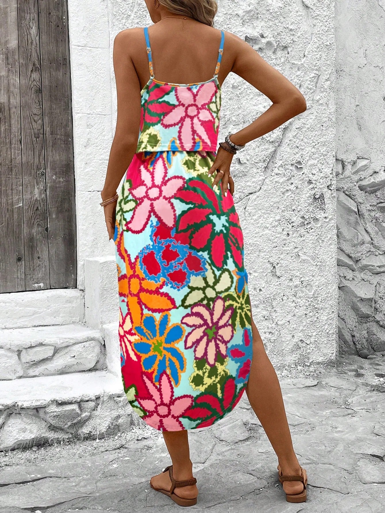 Vestido midi mujer de tela estampada tirantes finos