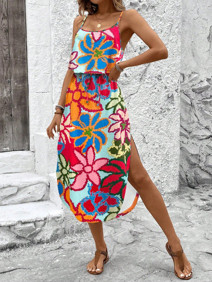 Vestido midi mujer de tela estampada tirantes finos