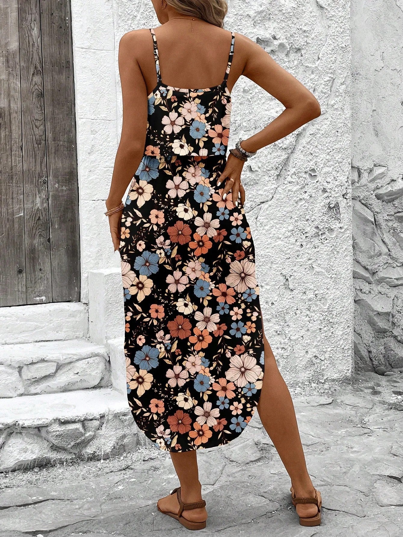 Vestido midi mujer de tela estampada tirantes finos