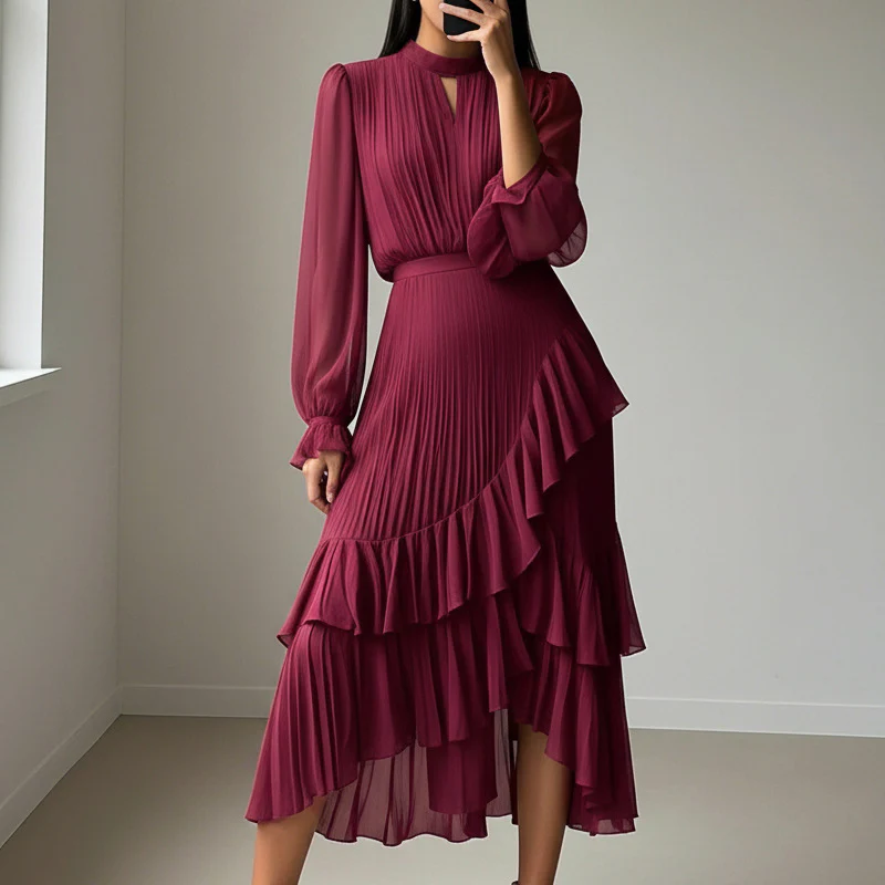 Vestido mujer elegante escote ojo de cerradura y volantes