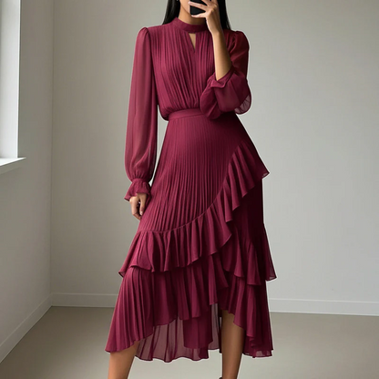 Vestido mujer elegante escote ojo de cerradura y volantes
