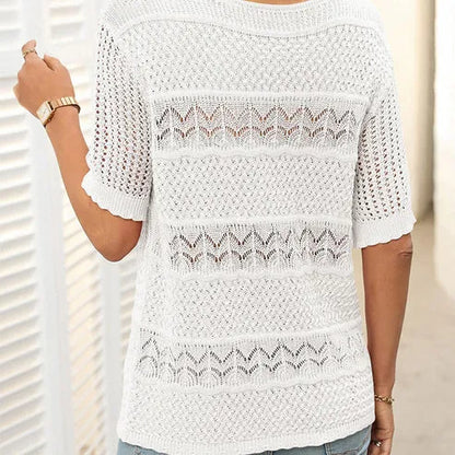 Suéter Mujer de Crochet Cuello Redondo Manga Corta