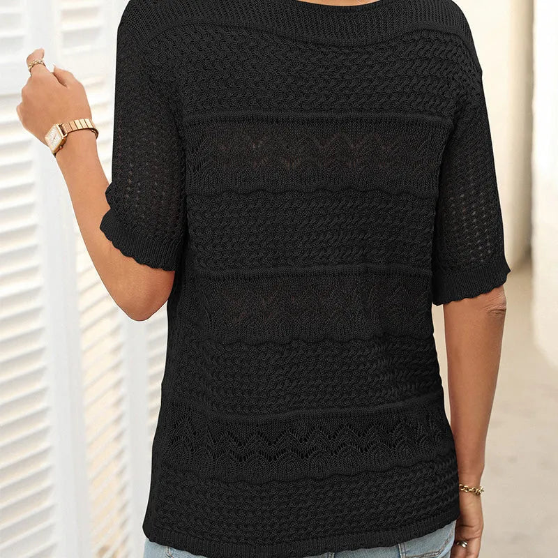 Suéter Mujer de Crochet Cuello Redondo Manga Corta