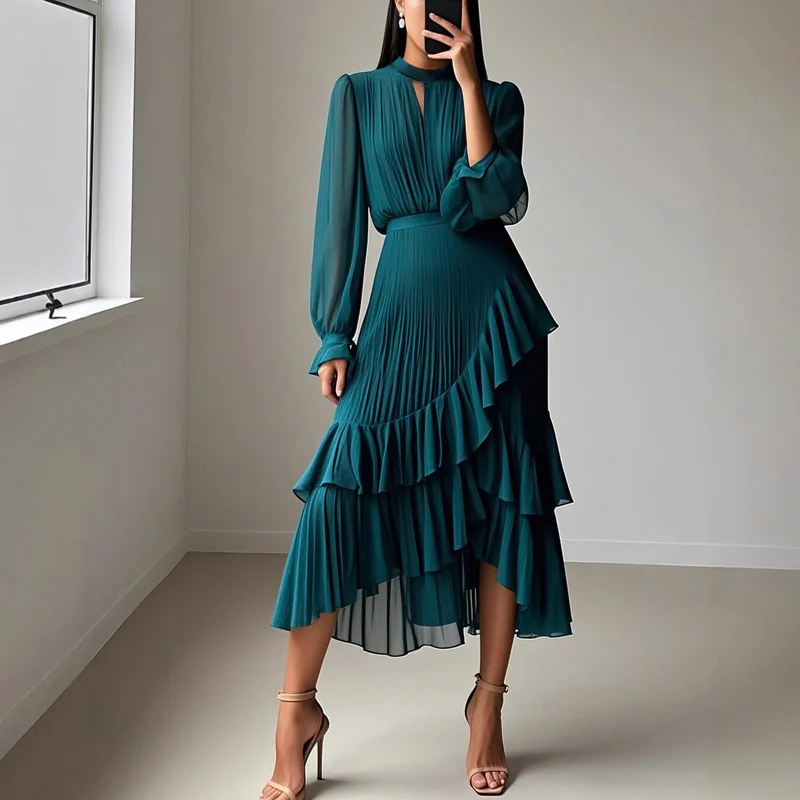 Vestido mujer elegante escote ojo de cerradura y volantes