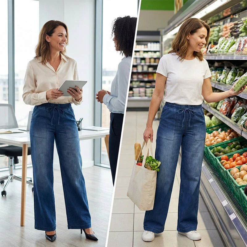 Pantalones Vaqueros Mujer Cintura con Cordón Pierna Ancha