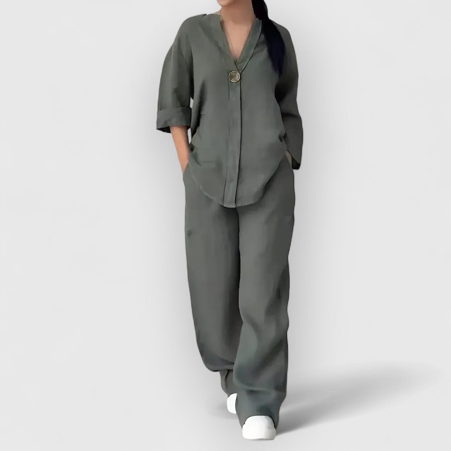 Conjunto Mujer Camisa Algodón y Pantalón Ancho Casual
