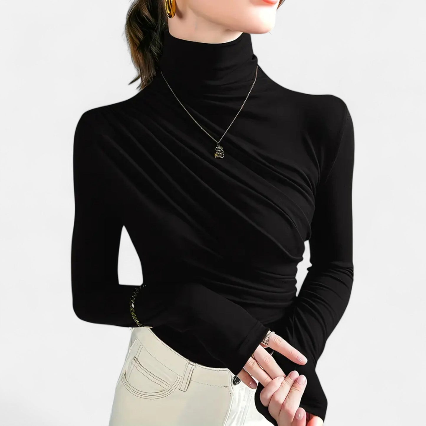 Blusa Mujer Cuello Alto Detalle Fruncido Ajuste Regular