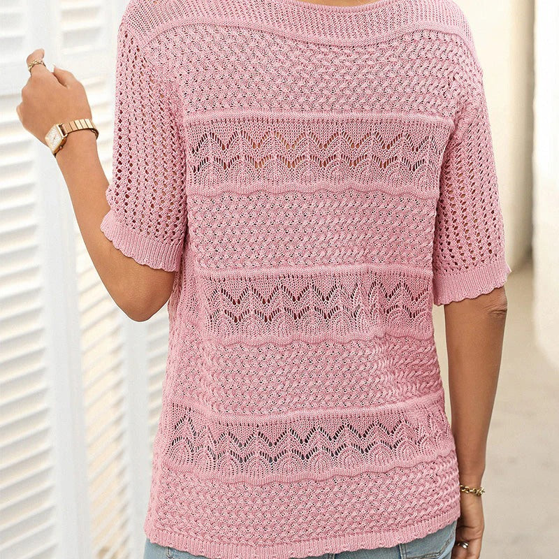 Suéter Mujer de Crochet Cuello Redondo Manga Corta