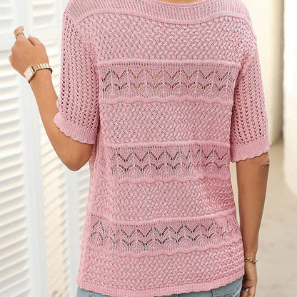 Suéter Mujer de Crochet Cuello Redondo Manga Corta