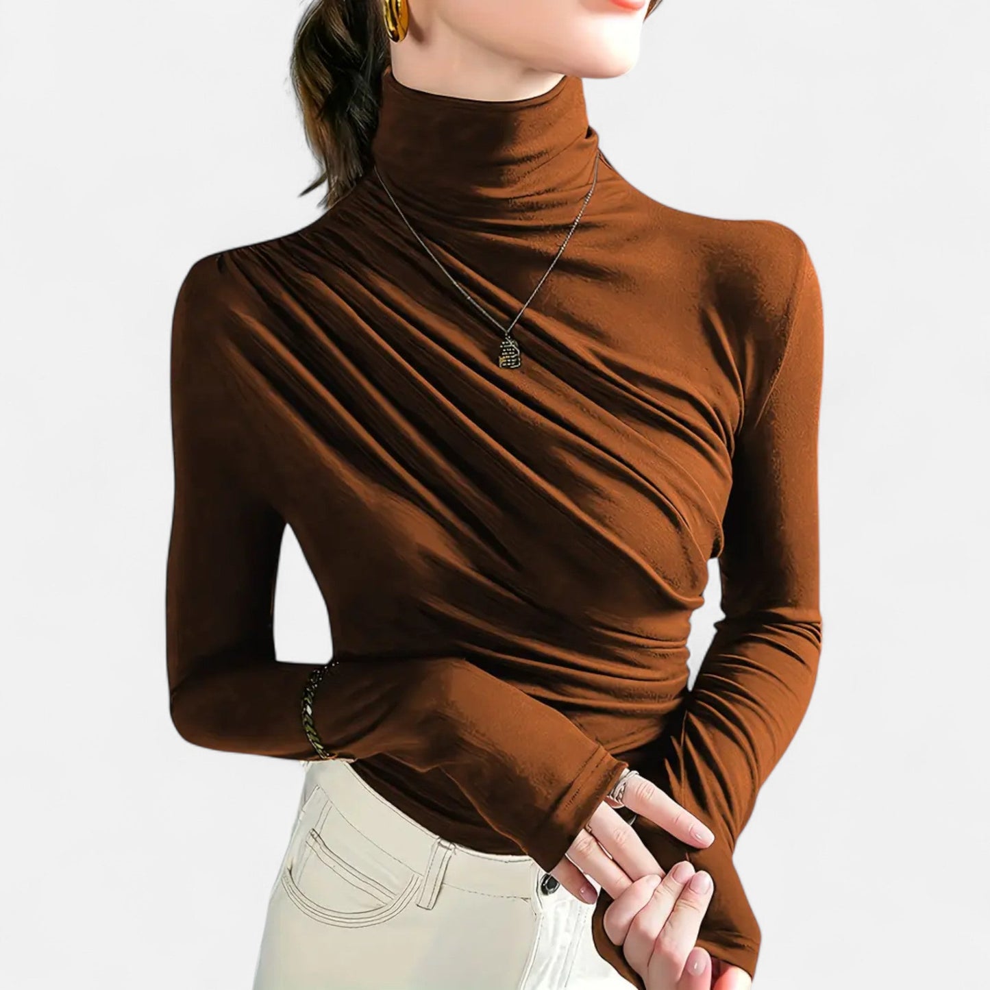 Blusa Mujer Cuello Alto Detalle Fruncido Ajuste Regular