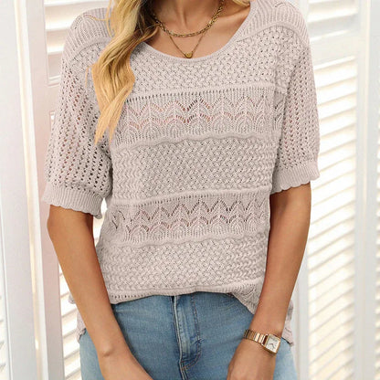 Suéter Mujer de Crochet Cuello Redondo Manga Corta