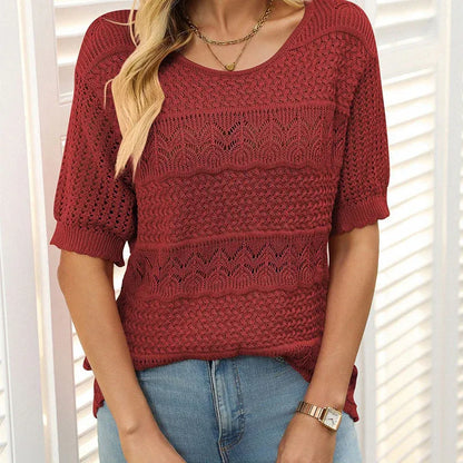 Suéter Mujer de Crochet Cuello Redondo Manga Corta