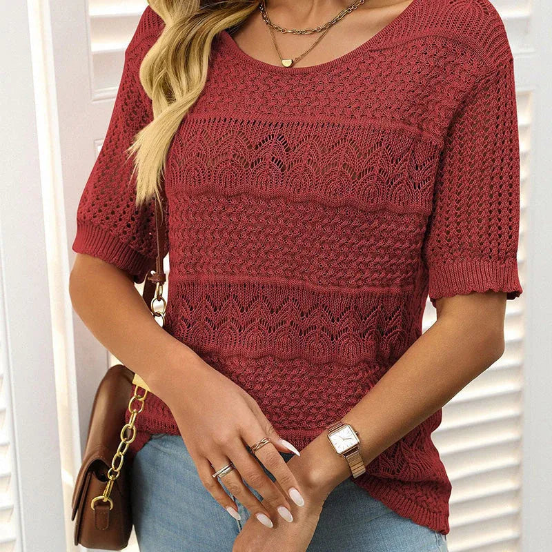 Suéter Mujer de Crochet Cuello Redondo Manga Corta