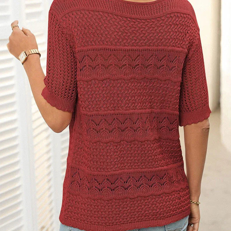 Suéter Mujer de Crochet Cuello Redondo Manga Corta