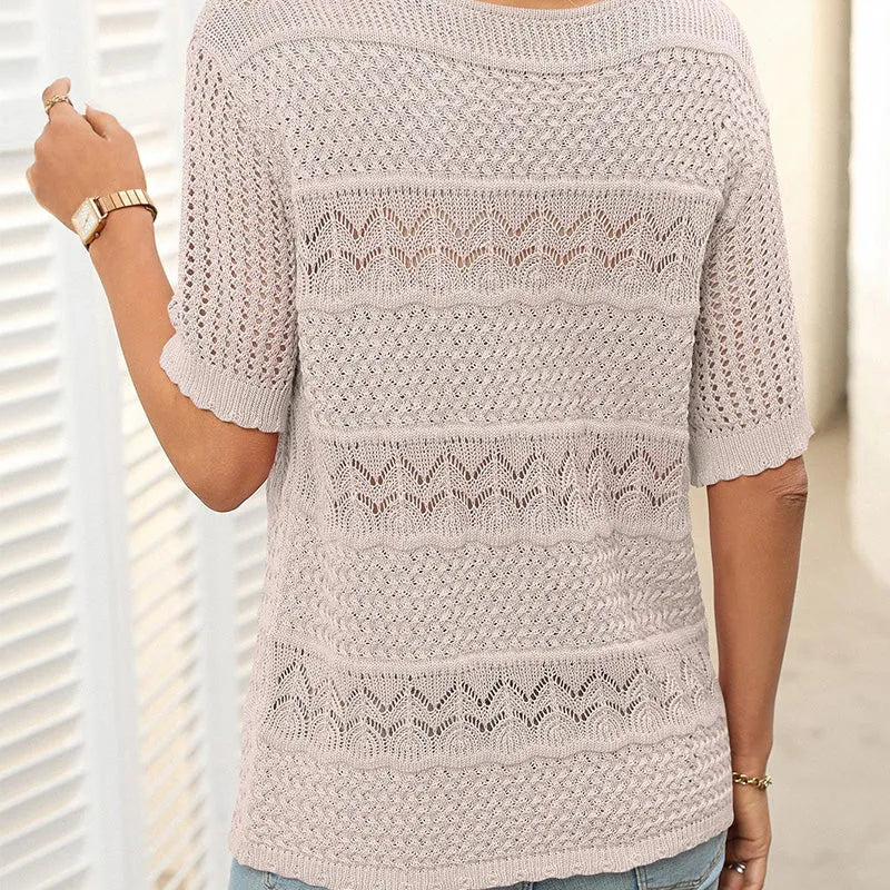 Suéter Mujer de Crochet Cuello Redondo Manga Corta
