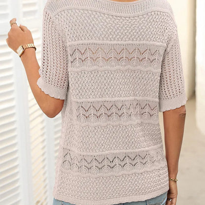 Suéter Mujer de Crochet Cuello Redondo Manga Corta