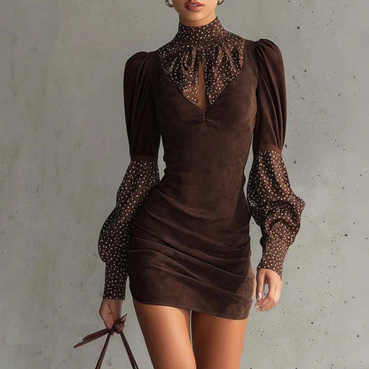 Vestido Minivestido Mujer con Detalles de Lunares Ajuste Elegante