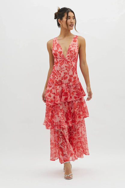 Vestido largo mujer de tela floral con volantes