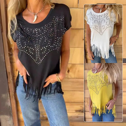 Camiseta Mujer con Detalle Brillante y Flecos