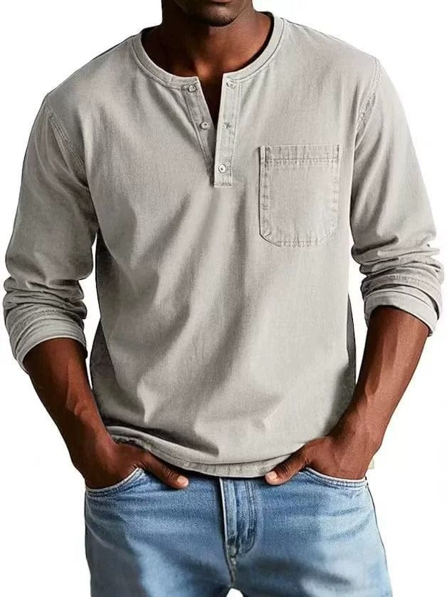 Camiseta Hombre Algodón Cuello Henley Bolsillo Pecho Relajada