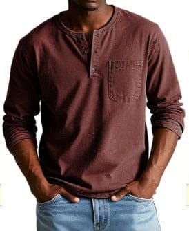 Camiseta Hombre Algodón Cuello Henley Bolsillo Pecho Relajada