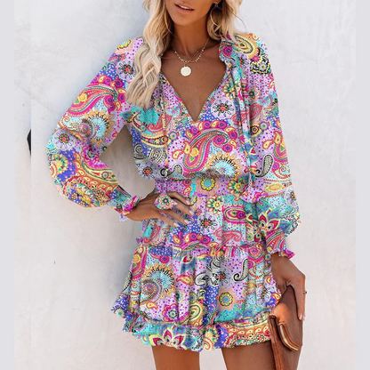 Vestido mini mujer con escote en V manga larga y volantes